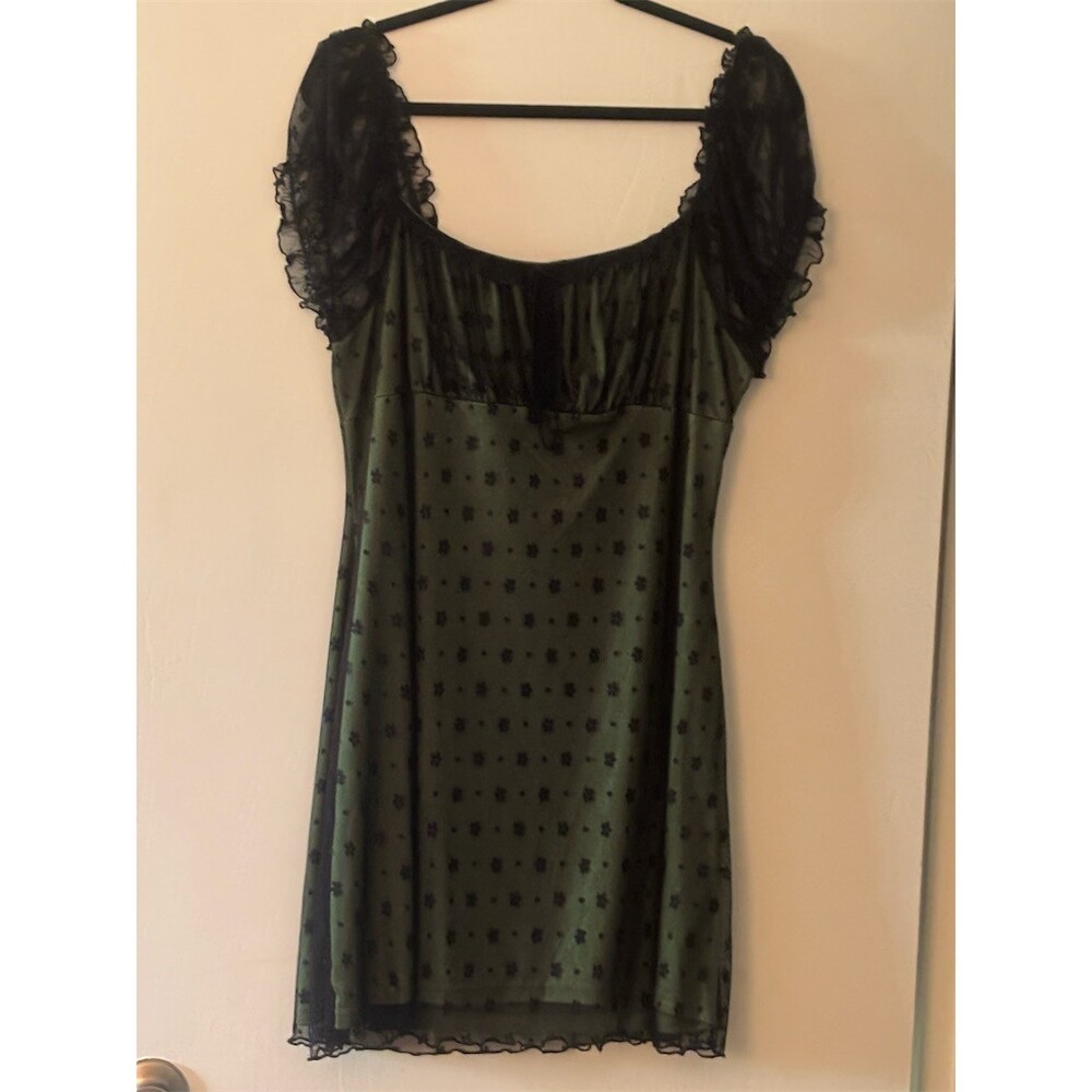 Cider Mini Dress Womens M Green Sheer Mesh Floral Dot Puff Sleeve Square